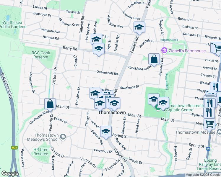 map of restaurants, bars, coffee shops, grocery stores, and more near 2 Karingal Way in Thomastown
