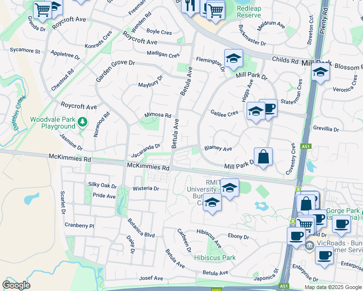 map of restaurants, bars, coffee shops, grocery stores, and more near 10 Belmont Way in Mill Park