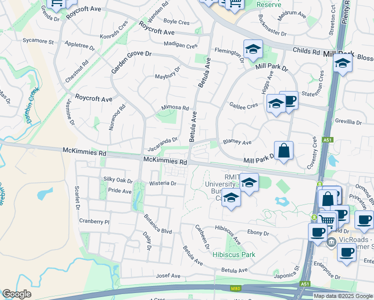 map of restaurants, bars, coffee shops, grocery stores, and more near 215 Betula Avenue in Mill Park