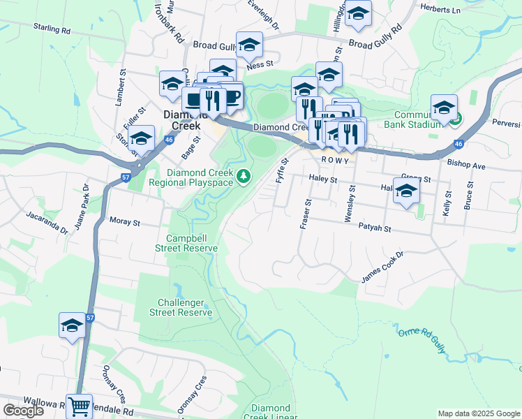 map of restaurants, bars, coffee shops, grocery stores, and more near 10 Dering Street in Diamond Creek