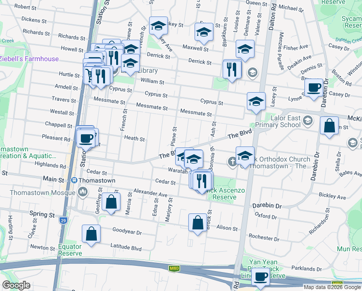 map of restaurants, bars, coffee shops, grocery stores, and more near 126 The Boulevard in Thomastown