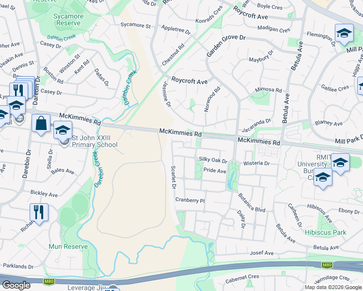 map of restaurants, bars, coffee shops, grocery stores, and more near 30 Lemon Gum Parade in Bundoora