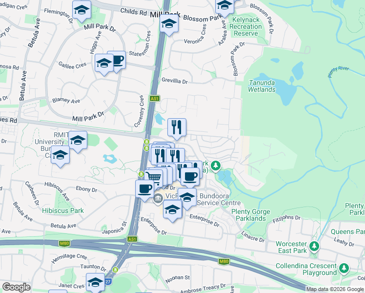 map of restaurants, bars, coffee shops, grocery stores, and more near 22 Ormond Boulevard in Bundoora