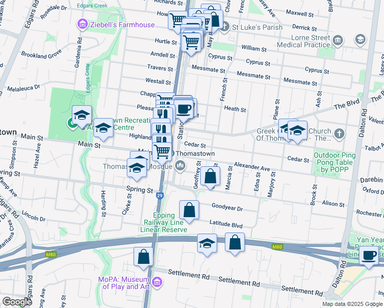 map of restaurants, bars, coffee shops, grocery stores, and more near 20 Alexander Avenue in Thomastown