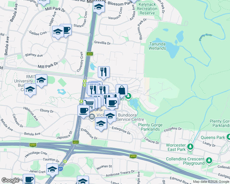 map of restaurants, bars, coffee shops, grocery stores, and more near 40 Ormond Boulevard in Bundoora