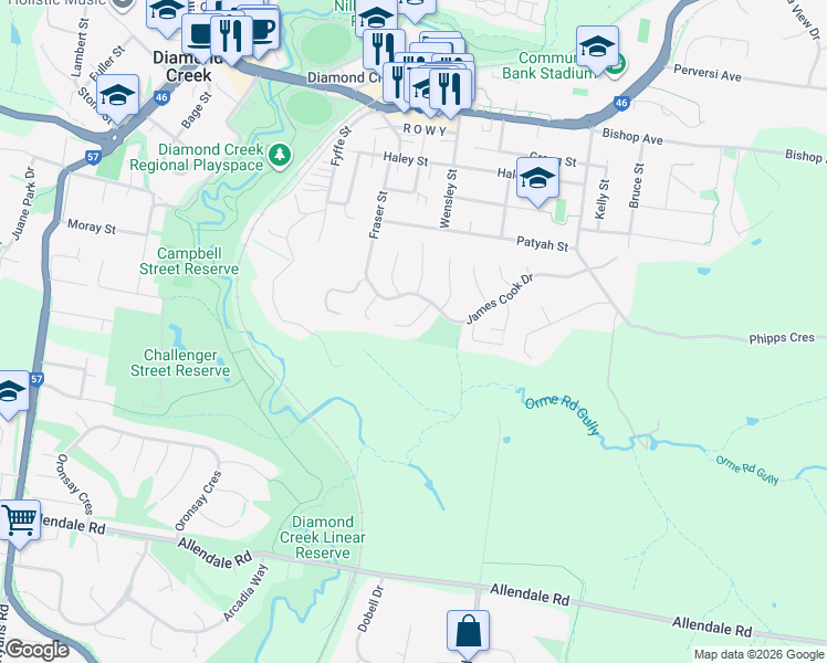 map of restaurants, bars, coffee shops, grocery stores, and more near 6 Mitchell Court in Diamond Creek