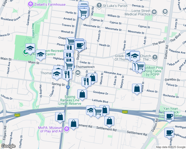 map of restaurants, bars, coffee shops, grocery stores, and more near 13 Charles Street in Thomastown