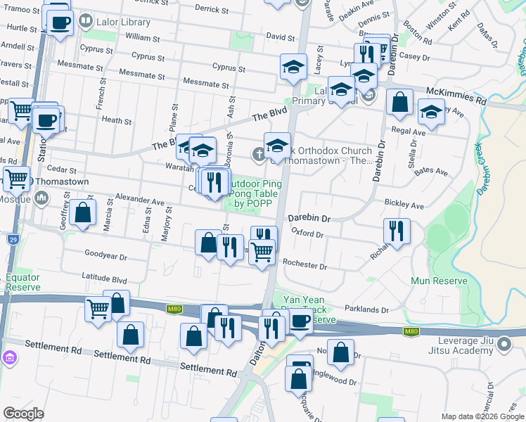 map of restaurants, bars, coffee shops, grocery stores, and more near 134 Alexander Avenue in Thomastown