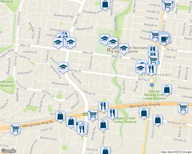 map of restaurants, bars, coffee shops, grocery stores, and more near 10 Manton Court in Thomastown