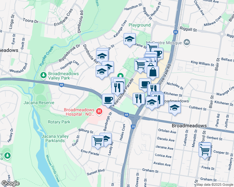 map of restaurants, bars, coffee shops, grocery stores, and more near 11 Pearcedale Parade in Broadmeadows
