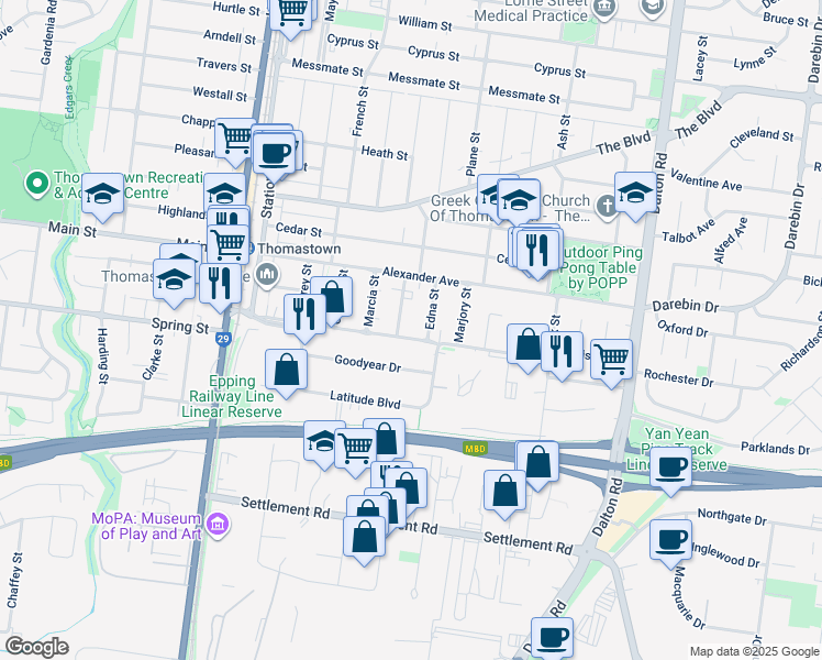 map of restaurants, bars, coffee shops, grocery stores, and more near 56 Heyington Avenue in Thomastown