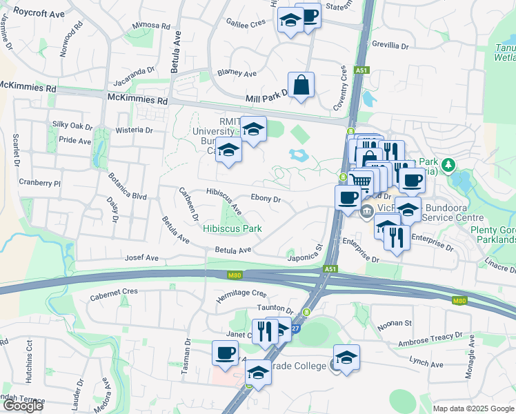 map of restaurants, bars, coffee shops, grocery stores, and more near 5 Mangrove Close in Bundoora