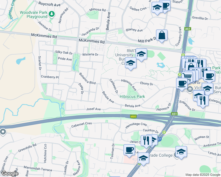 map of restaurants, bars, coffee shops, grocery stores, and more near 5 Merryn Close in Bundoora