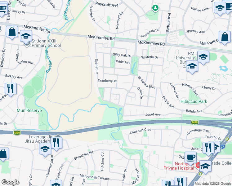 map of restaurants, bars, coffee shops, grocery stores, and more near 26 Mat Rush Avenue in Bundoora