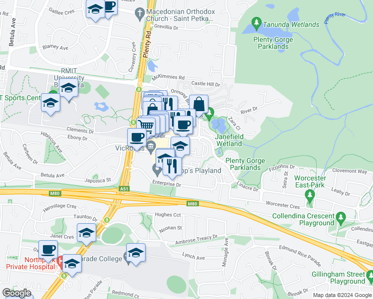 map of restaurants, bars, coffee shops, grocery stores, and more near 1 Flynn Close in Bundoora