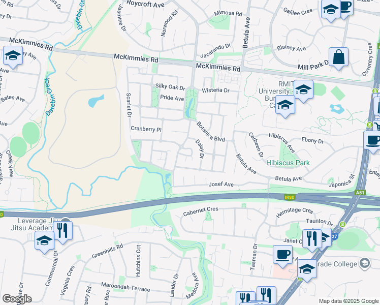 map of restaurants, bars, coffee shops, grocery stores, and more near 13 Ironbark Drive in Bundoora
