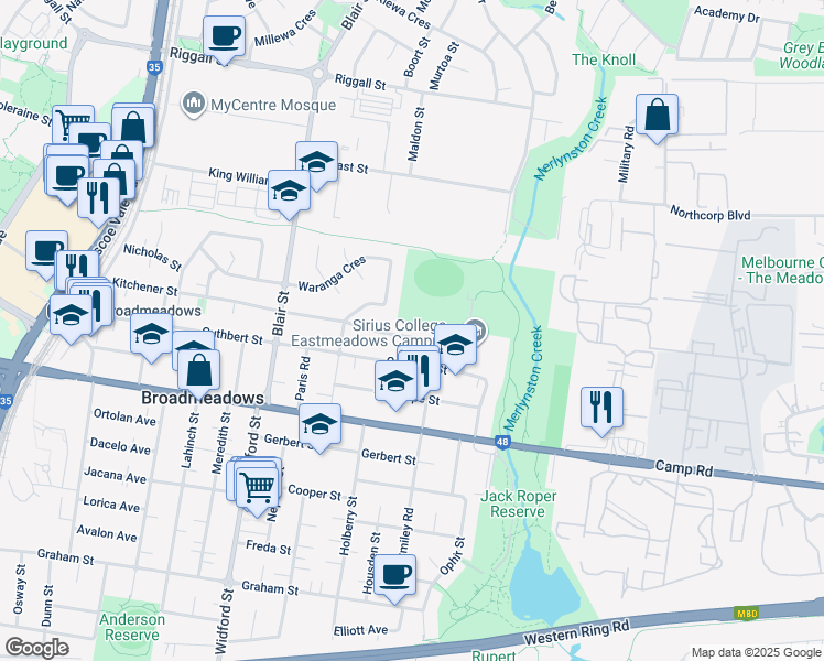map of restaurants, bars, coffee shops, grocery stores, and more near 48 Kitchener Street in Broadmeadows