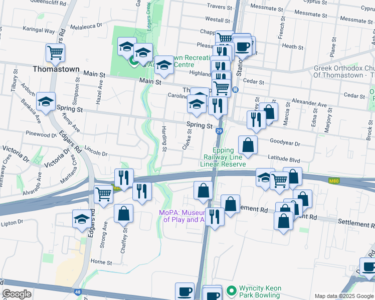 map of restaurants, bars, coffee shops, grocery stores, and more near 2 Clarke Street in Thomastown