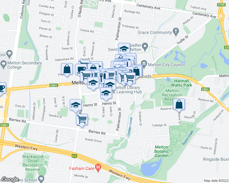 map of restaurants, bars, coffee shops, grocery stores, and more near McKenzie Street in Melton