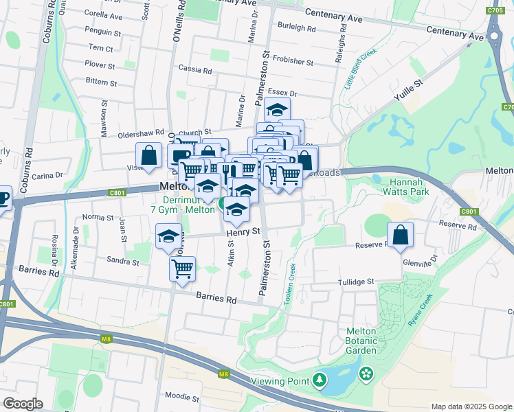 map of restaurants, bars, coffee shops, grocery stores, and more near McKenzie Street in Melton