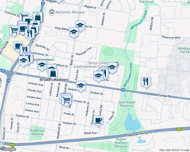 map of restaurants, bars, coffee shops, grocery stores, and more near 38 Stanhope Street in Broadmeadows