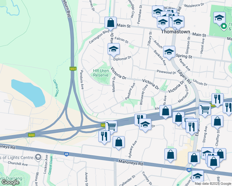 map of restaurants, bars, coffee shops, grocery stores, and more near 14 Madera Drive in Thomastown