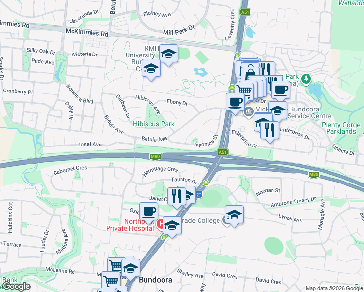 map of restaurants, bars, coffee shops, grocery stores, and more near 61 Japonica Street in Bundoora
