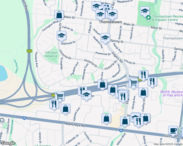 map of restaurants, bars, coffee shops, grocery stores, and more near Leilani Grove in Thomastown