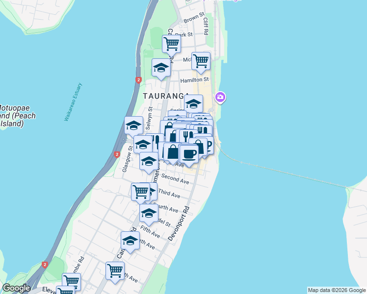 map of restaurants, bars, coffee shops, grocery stores, and more near 75 Elizabeth Street in Tauranga