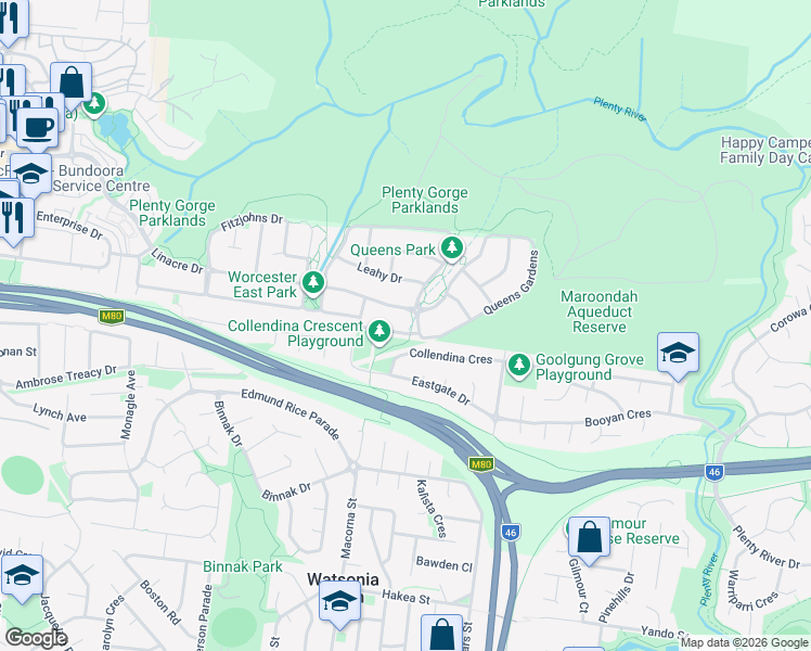 map of restaurants, bars, coffee shops, grocery stores, and more near 31 Queens Gardens in Bundoora