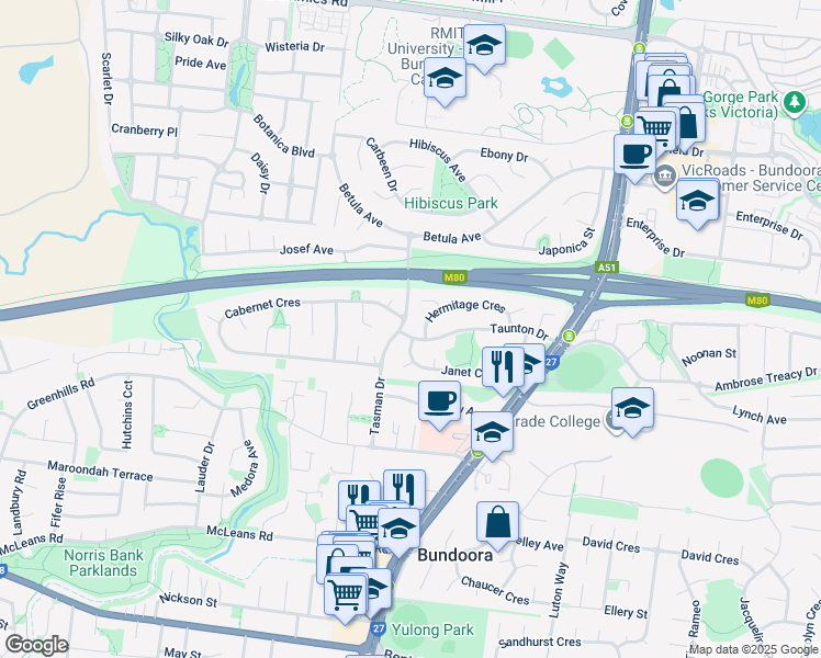 map of restaurants, bars, coffee shops, grocery stores, and more near 48 Taunton Drive in Bundoora
