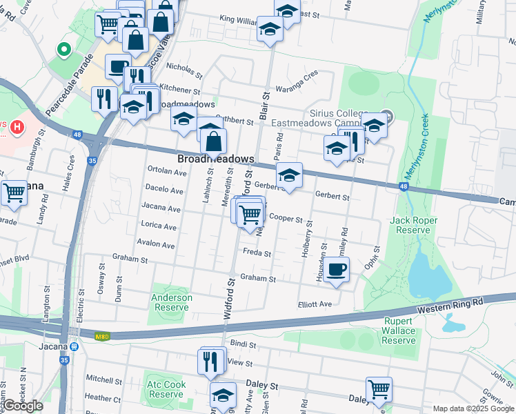 map of restaurants, bars, coffee shops, grocery stores, and more near 33 Nepean Street in Broadmeadows
