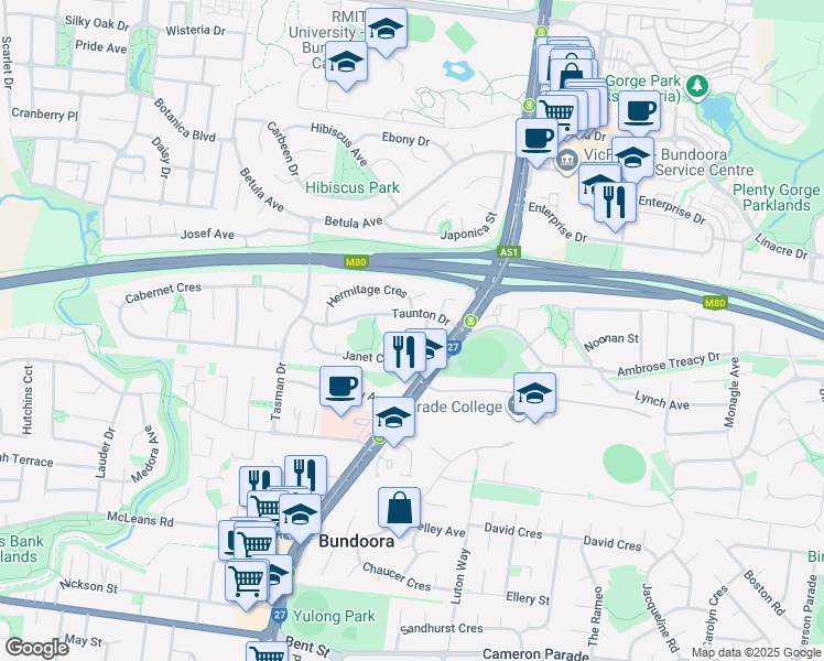 map of restaurants, bars, coffee shops, grocery stores, and more near 10 Gallus Court in Bundoora