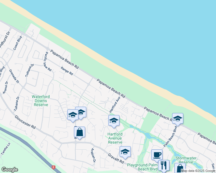 map of restaurants, bars, coffee shops, grocery stores, and more near Papamoa Beach Road in Papamoa