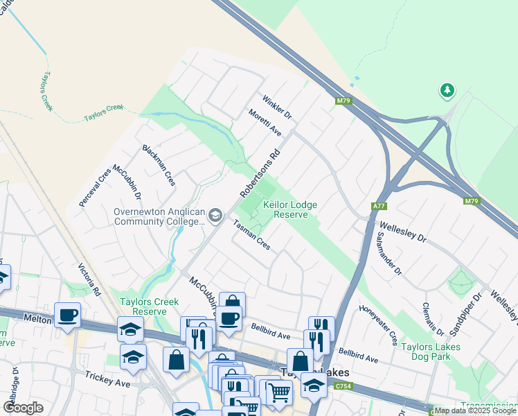 map of restaurants, bars, coffee shops, grocery stores, and more near 44 Robertsons Road in Taylors Lakes