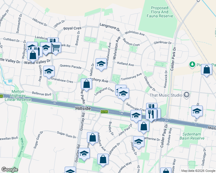 map of restaurants, bars, coffee shops, grocery stores, and more near 24 Longhurst Crescent in Hillside