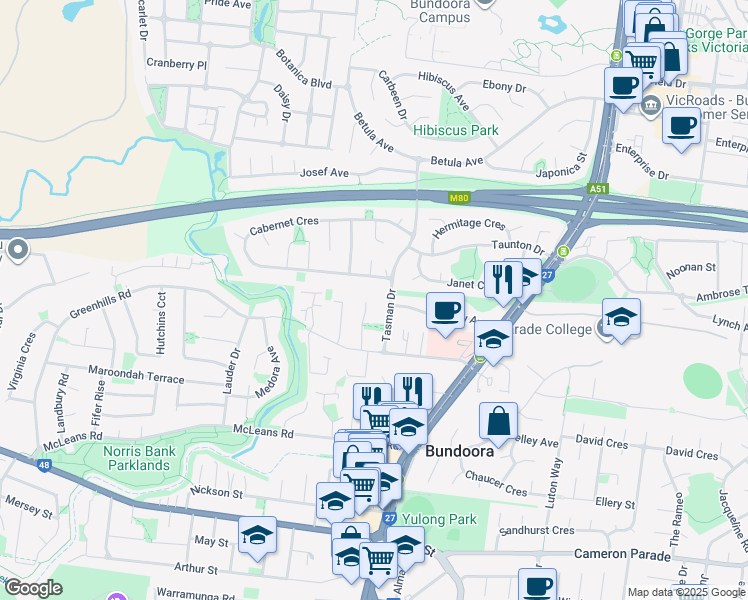 map of restaurants, bars, coffee shops, grocery stores, and more near 14 Alto Close in Bundoora