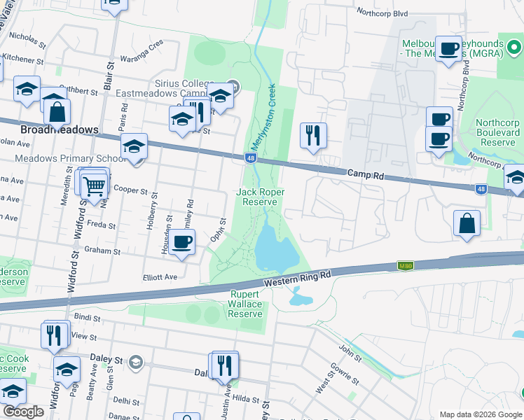 map of restaurants, bars, coffee shops, grocery stores, and more near 217 Camp Road in Broadmeadows