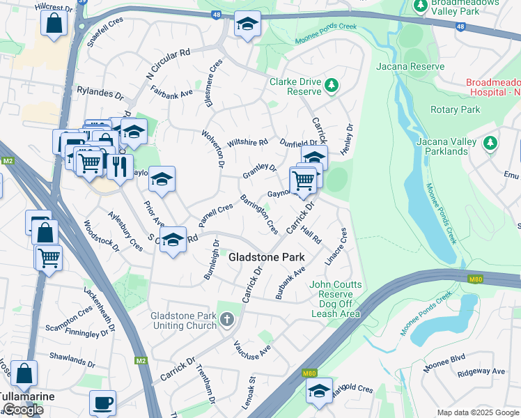 map of restaurants, bars, coffee shops, grocery stores, and more near Barrington Crescent in Gladstone Park