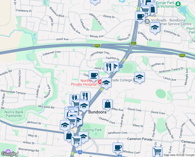 map of restaurants, bars, coffee shops, grocery stores, and more near 15 Oxley Avenue in Bundoora