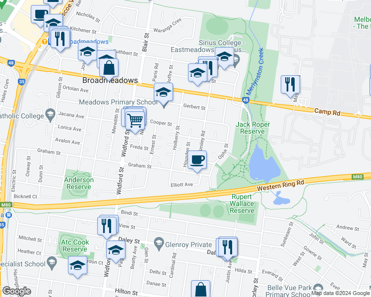 map of restaurants, bars, coffee shops, grocery stores, and more near 17 Housden Street in Broadmeadows