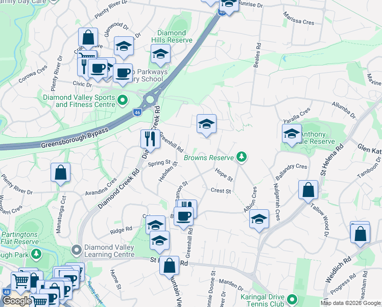 map of restaurants, bars, coffee shops, grocery stores, and more near 90 Greenhill Road in Greensborough