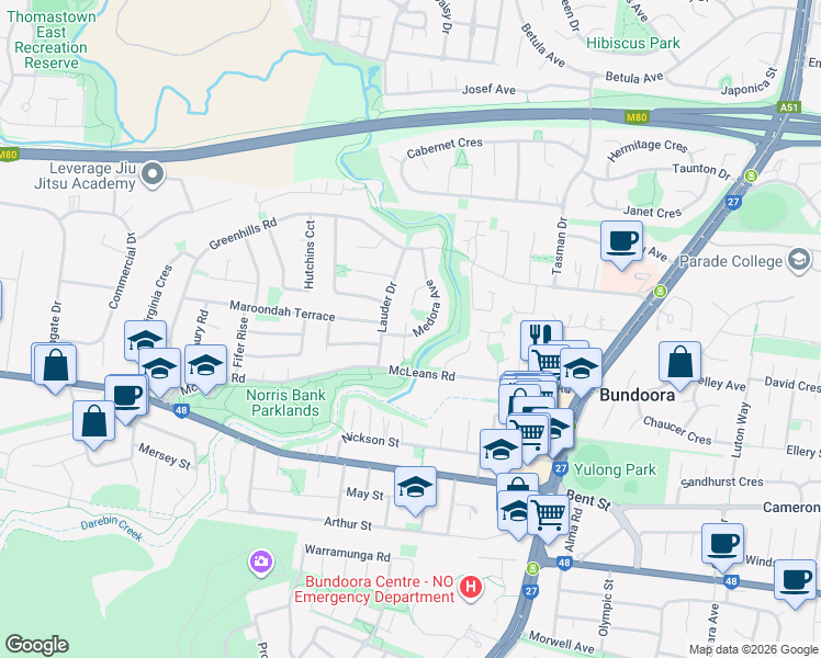 map of restaurants, bars, coffee shops, grocery stores, and more near 29 Medora Avenue in Bundoora