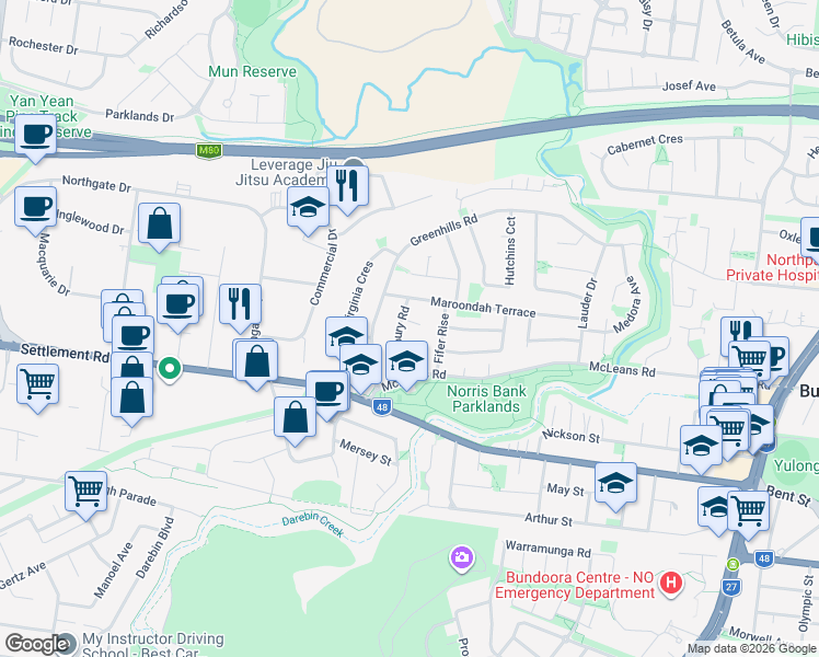 map of restaurants, bars, coffee shops, grocery stores, and more near 10 Margaret Court in Bundoora