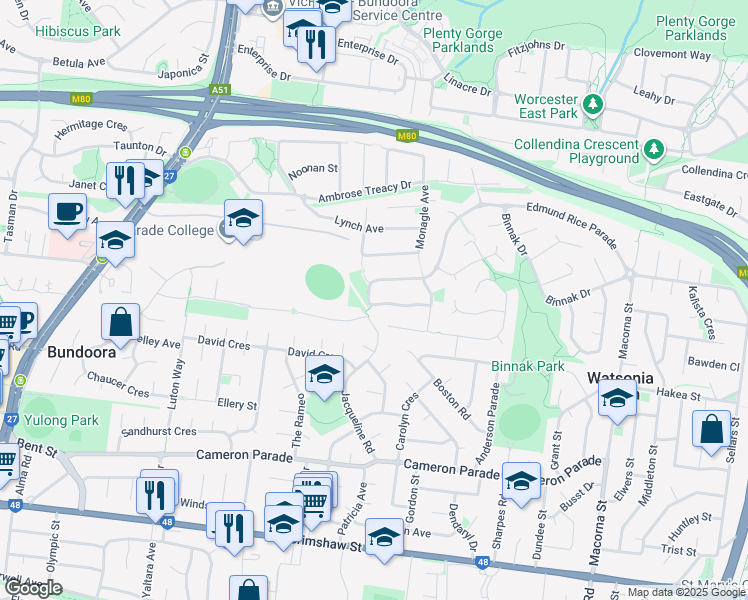 map of restaurants, bars, coffee shops, grocery stores, and more near 127 Edmund Rice Parade in Bundoora