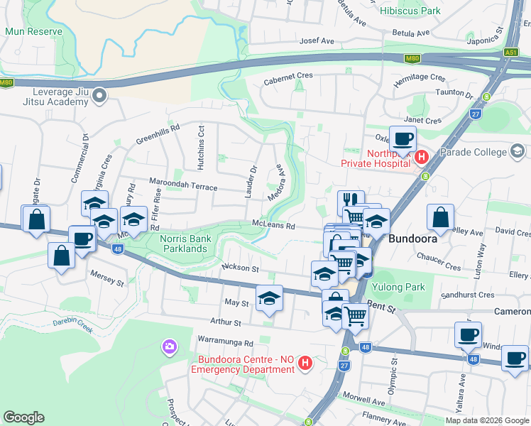 map of restaurants, bars, coffee shops, grocery stores, and more near 3 Dealing Court in Bundoora