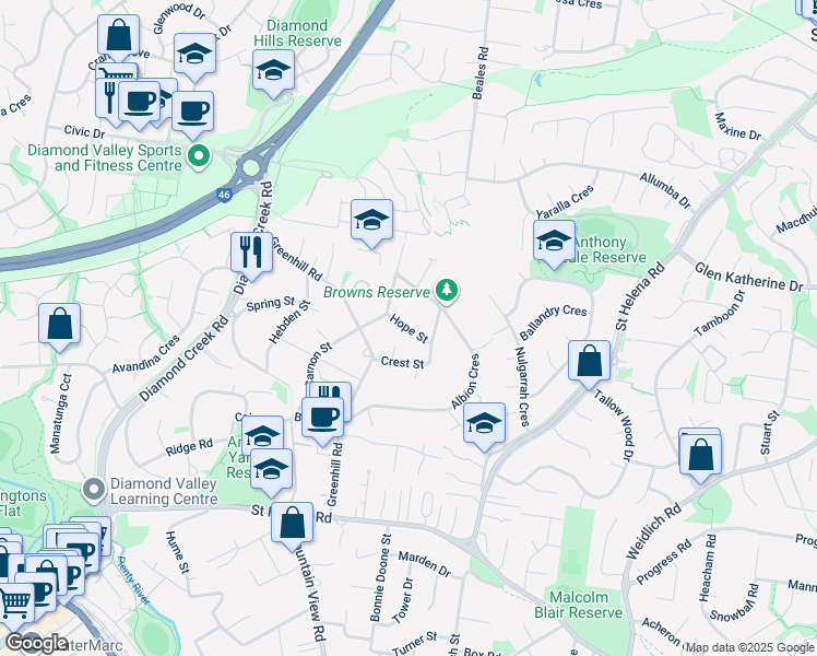 map of restaurants, bars, coffee shops, grocery stores, and more near Hope Street in Greensborough