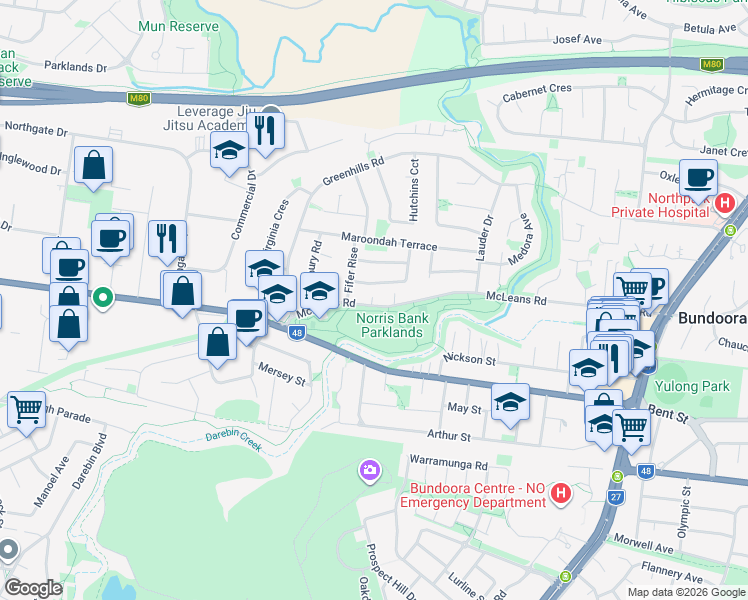map of restaurants, bars, coffee shops, grocery stores, and more near 126 McLeans Road in Bundoora