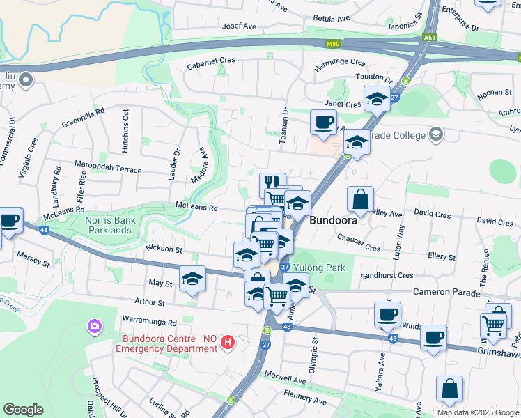 map of restaurants, bars, coffee shops, grocery stores, and more near 22 McLeans Road in Bundoora