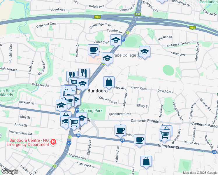 map of restaurants, bars, coffee shops, grocery stores, and more near 36 Milton Parade in Bundoora